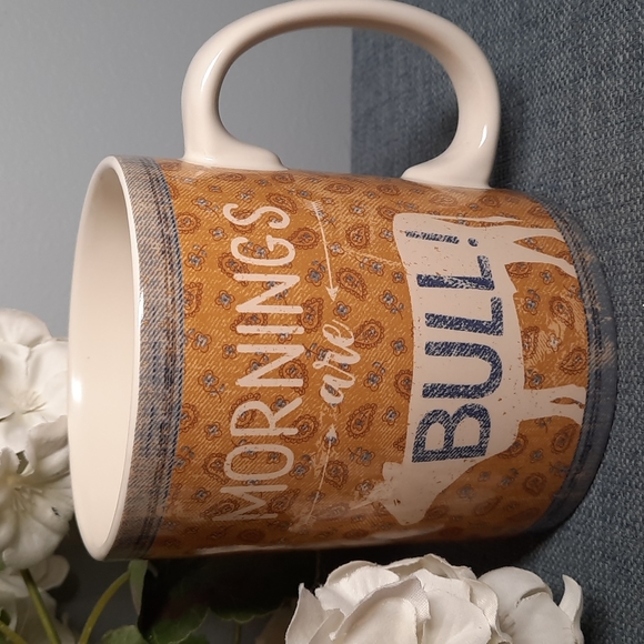 Coffee Mug Cup 20oz Mornings Are Bull Cow Arrow Paisley Denim Ceramic Farm NIB - Picture 1 of 4